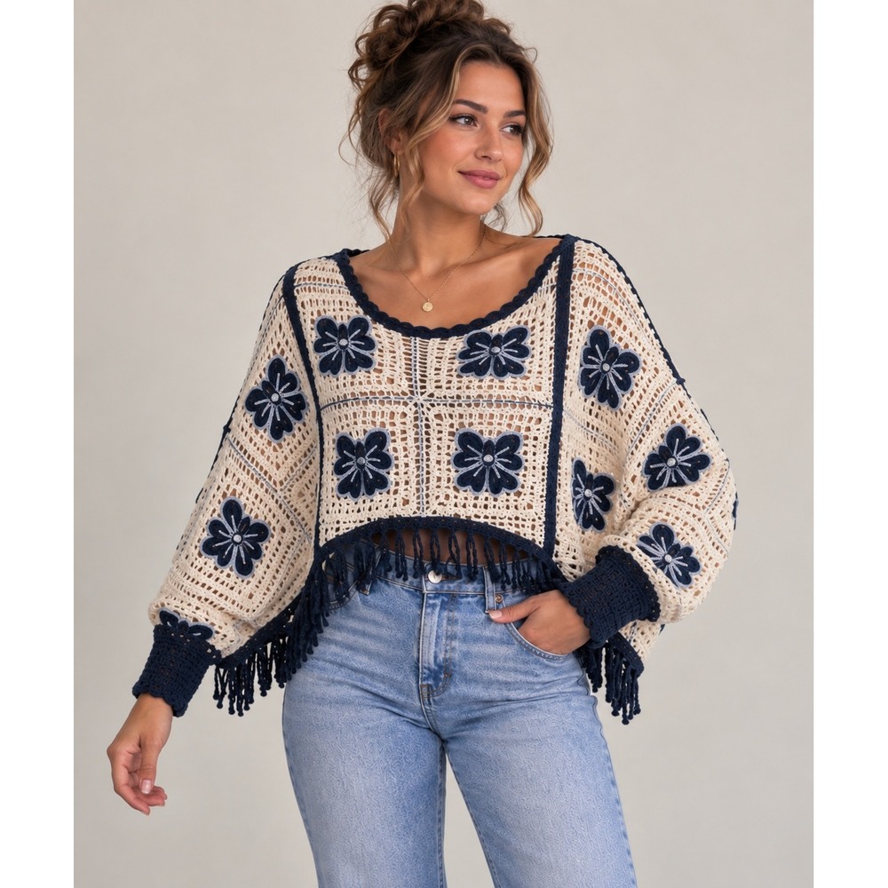 House of Harlow 1960 Crochet Poncho Top Navy Blue Cream Floral Bow Fringe Boho